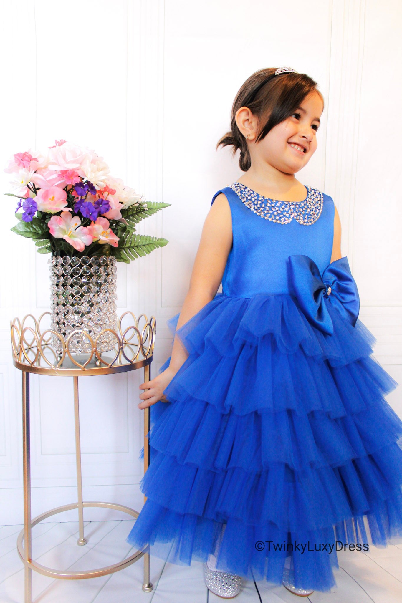 blue layered fluffy dress for girls,