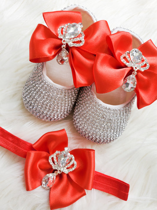 Royal Baby Shoes + Headband Set | Red Silver