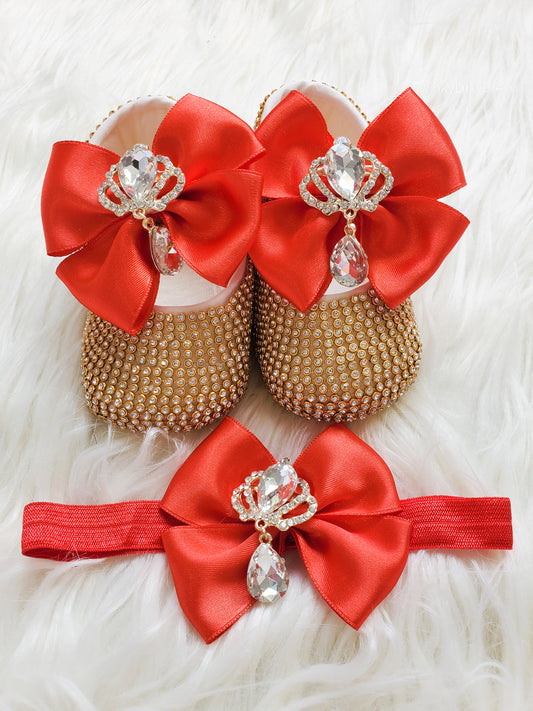 Royal Baby Shoes + Headband Set | Red Gold