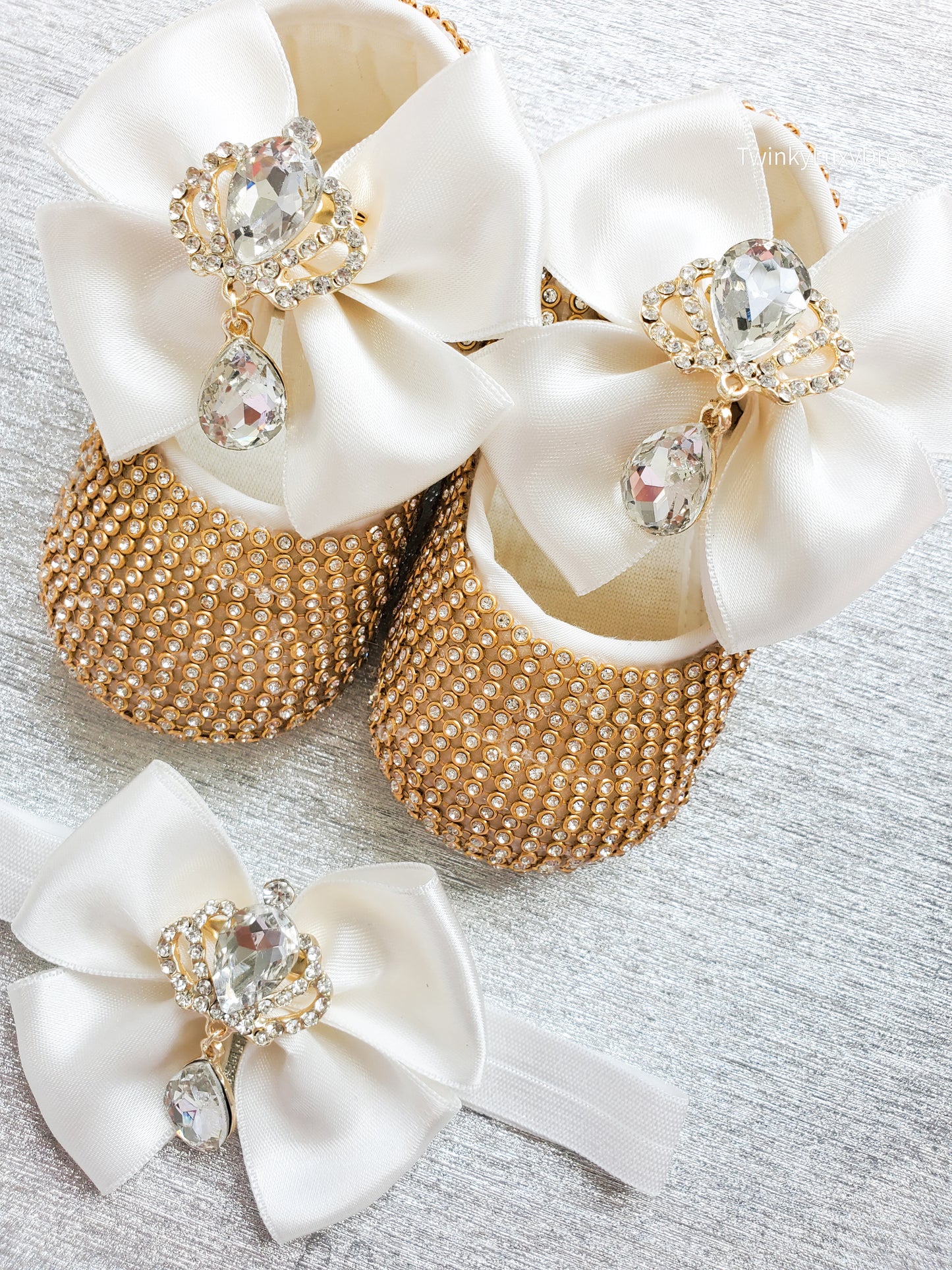 Royal Baby Shoes + Headband Set | White Gold