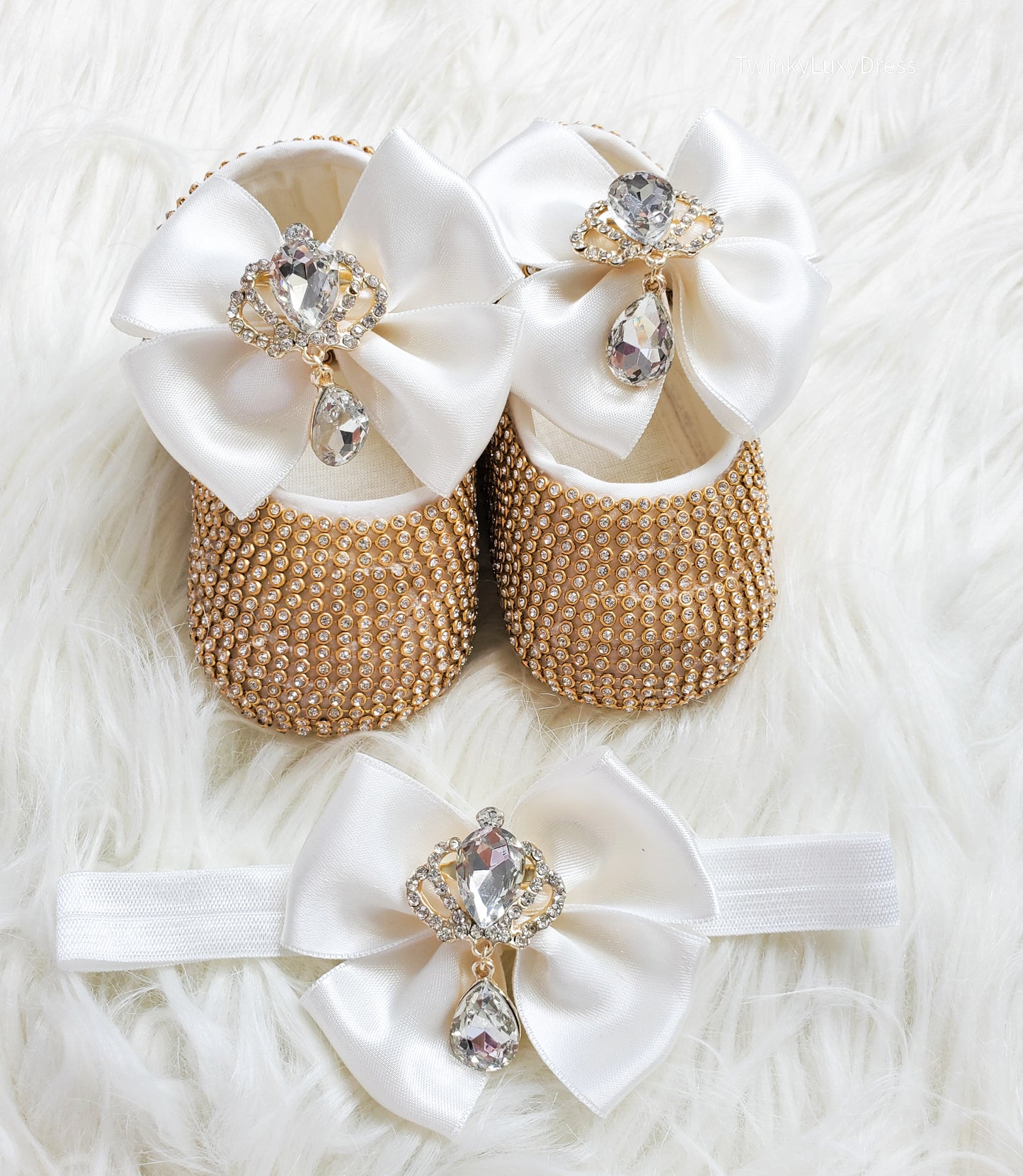 Royal Baby Shoes + Headband Set | White Gold