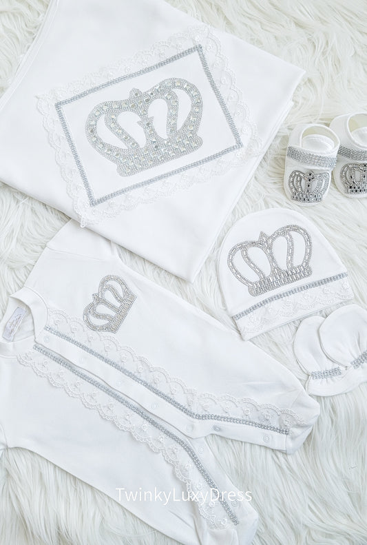 Luxury Newborn Outfit White Silver | Baby Boy