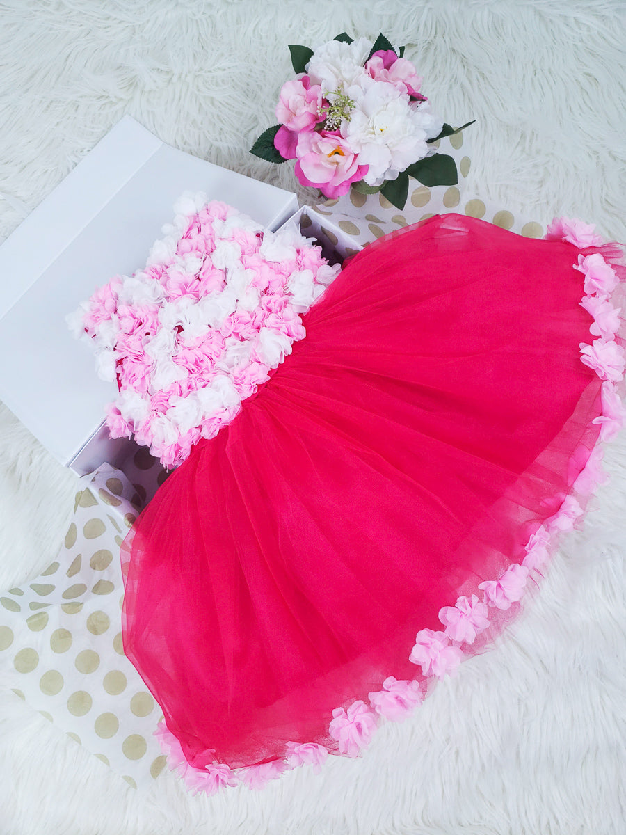 Pink-Red flower dress for girls with gift box