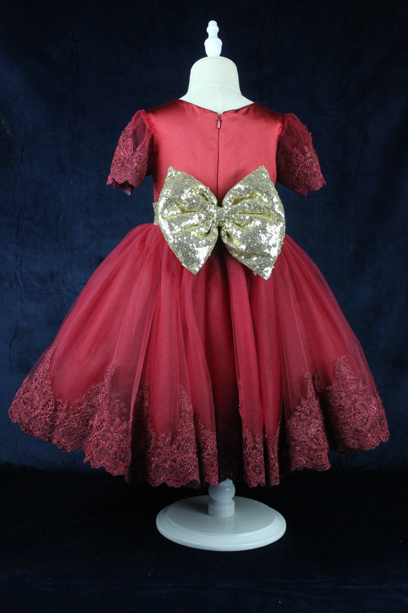 burgundy-girls dress with gold bow back