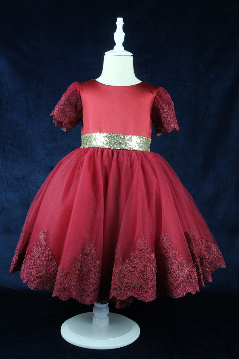 burgundy-girls dress with gold bow first birthday