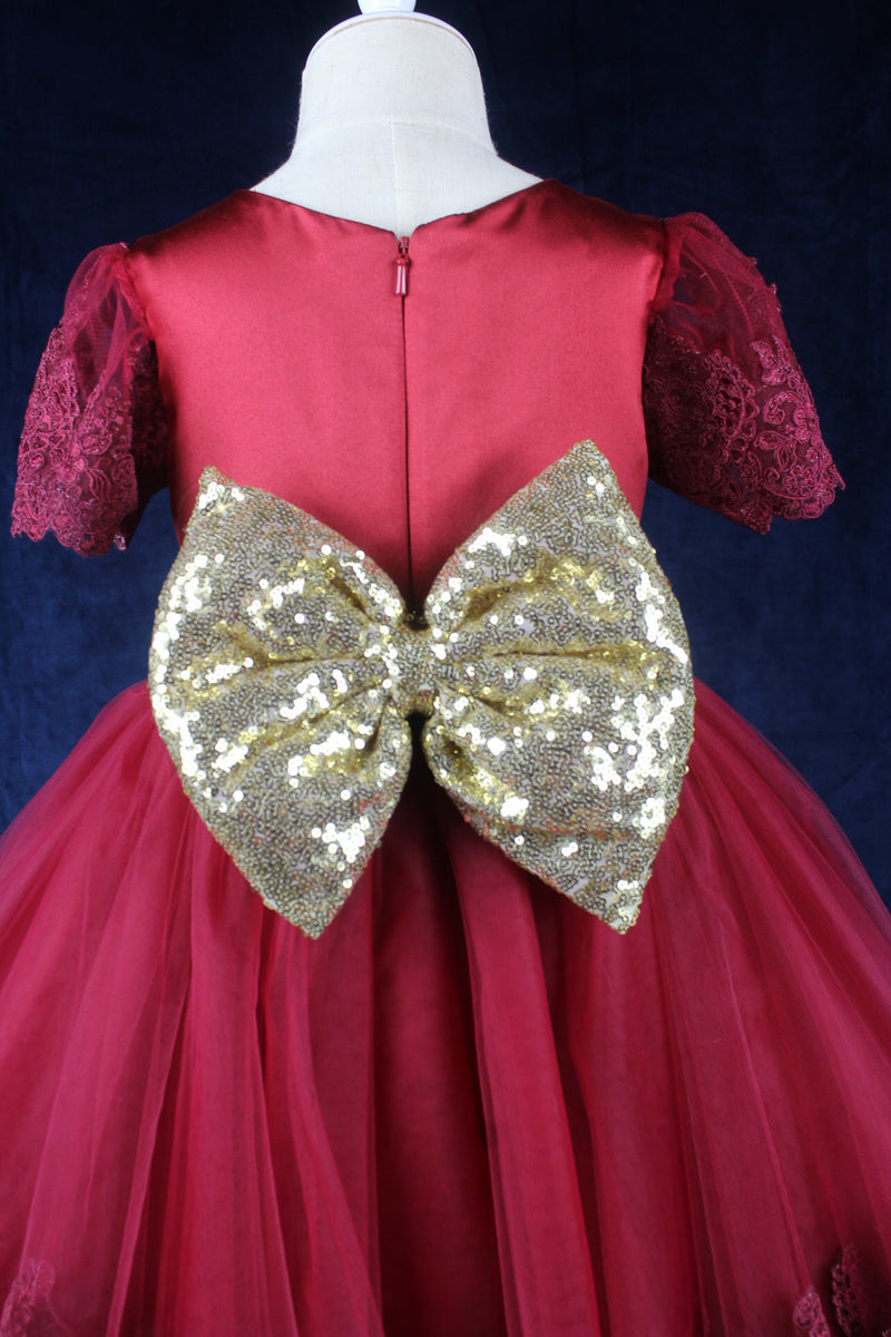 burgundy-girls dress with gold bow for girl