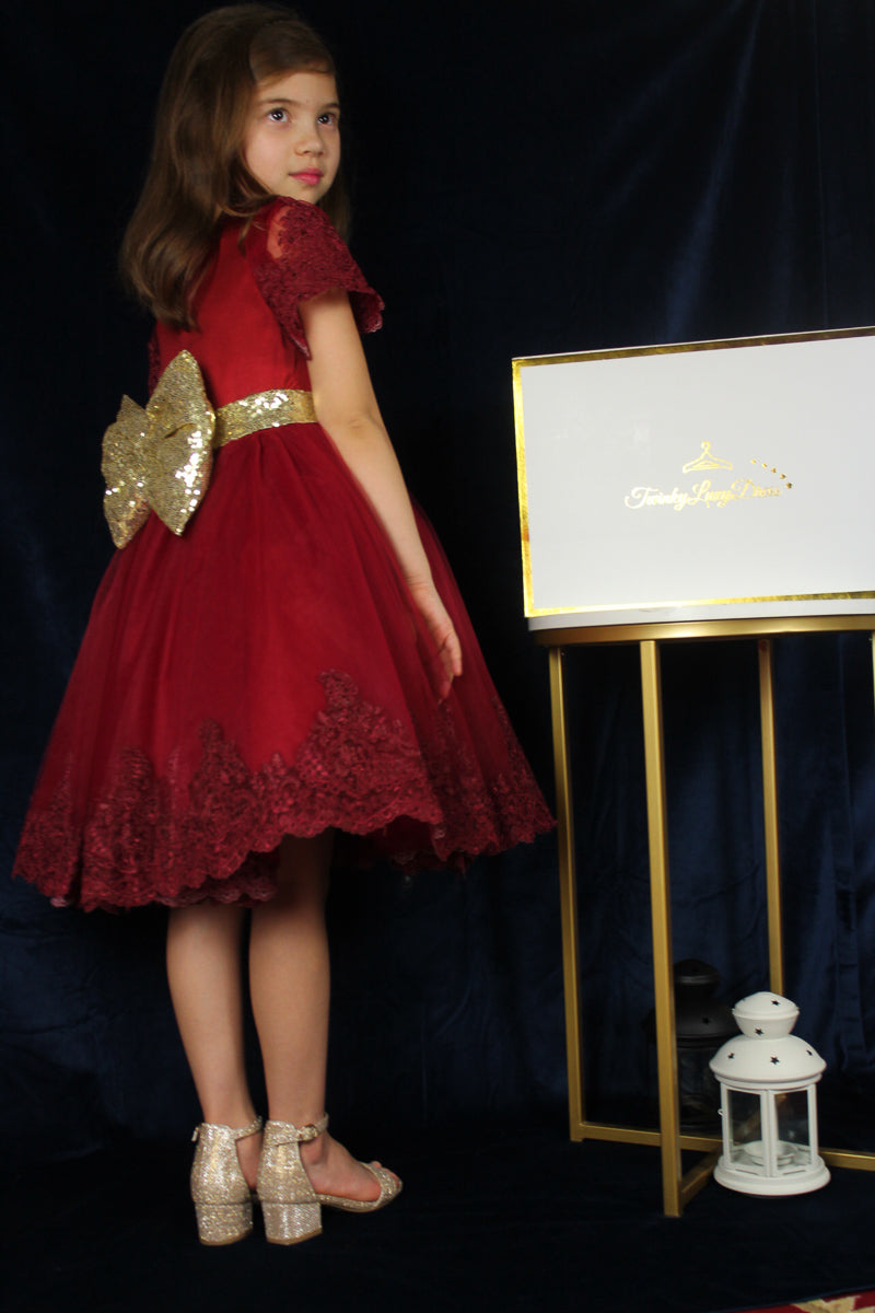 burgundy-girls dress with gold bow knee length