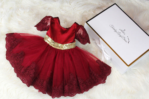 burgundy girls dress with gold bow